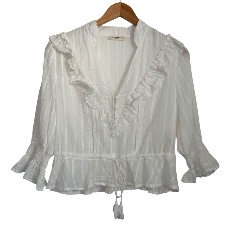 Spell & The Gypsy Womens Lisa Danielle Darling Blouse Sz Small White Ruffle - Picture 4 of 12